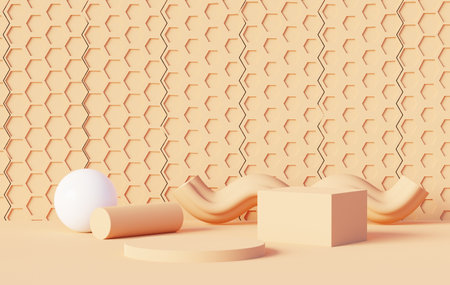 Podium backgrounds stage platform for product presentation and mock up. Minimal scene backdrop with clean design. Vacant pedestal for mock up. Empty stage with pastel color for cosmetic. 3D render.の写真素材