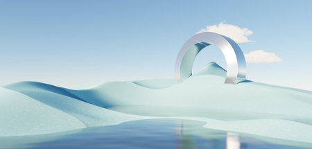 Surreal Beautiful Dream land background. Abstract Dune in winter season landscape with geometric arch. Fantasy island scenery with water and natural cloudy sky. Metallic mirror arch. 3d render.の写真素材