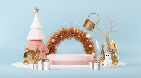Christmas backgrounds with podium stage platform in minimal New year event theme. Merry Christmas scene for product display mock up banner. Empty stand pedestal decor in Xmas winter scene. 3D render.の写真素材