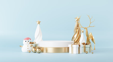 Christmas backgrounds with podium stage platform in minimal New year event theme. Merry Christmas scene for product display mock up banner. Empty stand pedestal decor in Xmas winter scene. 3D render.の写真素材
