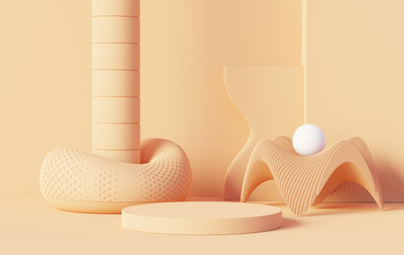 Podium backgrounds stage platform for product presentation and mock up. Minimal scene backdrop with clean design. Vacant pedestal for mock up. Empty stage with pastel color for cosmetic. 3D render.の写真素材