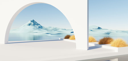 Surreal Beautiful Dream land background. Abstract Dune in winter season landscape with geometric arch. Fantasy island scenery with water and natural cloudy sky. Metallic mirror arch. 3d render.の写真素材