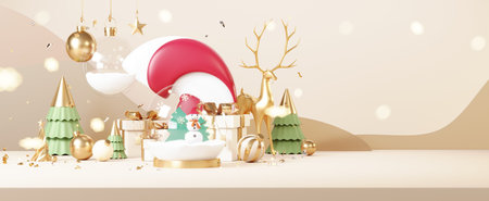 Christmas backgrounds decorate with minimal New year event theme. Merry Christmas scene for product display mock up banner. Gold glass ball in Xmas winter scene. Greeting card new year. 3D render.の写真素材