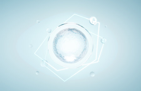 Cosmetics Essence molecule, collagen, Vitamin or Serum drop water for moisturizer. Liquid molecule chemical structure on water background. Cosmetics power treatment. Natural product. 3d rendering.の写真素材