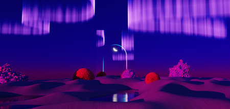 Surreal Beautiful Dream land background. Abstract Dune in winter season landscape with geometric arch. Fantasy island scenery with water and natural cloudy sky. Metallic mirror arch. 3d render.の写真素材