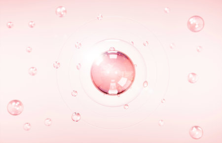 Cosmetics Essence molecule, collagen, Vitamin or Serum drop water for moisturizer. Liquid molecule chemical structure on water background. Cosmetics power treatment. Natural product. 3d rendering.の写真素材