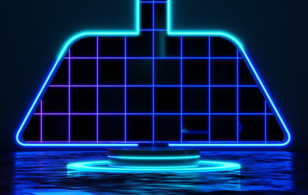 Podium backgrounds stage platform with glowing neon for product presentation and mock up. Minimal scene backdrop with clean design. Vacant pedestal for mock up. Empty stage for cosmetic. 3D render.の写真素材