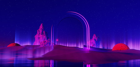 Surreal Beautiful Dream land background. Abstract Dune in winter season landscape with geometric arch. Fantasy island scenery with water and natural cloudy sky. Metallic mirror arch. 3d render.の写真素材