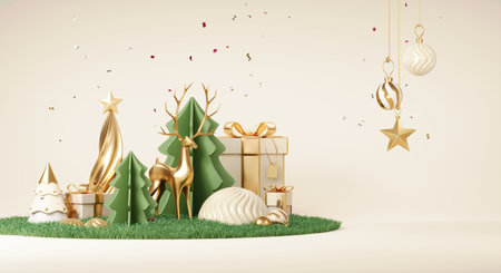 Christmas backgrounds with podium stage platform in minimal New year event theme. Merry Christmas scene for product display mock up banner. Empty stand pedestal decor in Xmas winter scene. 3D render.の写真素材