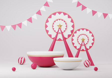 Abstract realistic Product display Podium background with Viva magenta color. Scene of geometric minimal design in trendy ideas. Blank Pedestal for show product or cosmetics. Year 2023. 3D rendering.の写真素材