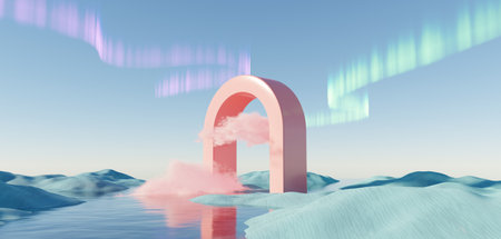 Surreal Beautiful Dream land background. Abstract Dune in winter season landscape with geometric arch. Fantasy island scenery with water and natural cloudy sky. Metallic mirror arch. 3d render.の写真素材