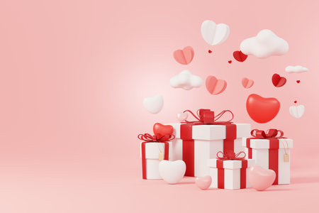 Happy Valentine's Day. Minimal sweet love scene with display podium for mock up and product brand presentation. Pink Pedestal stand. Cute lovely heart background. Love day's design style. 3D render.の写真素材