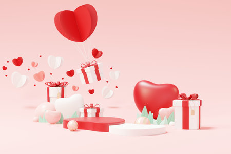 Happy Valentine's Day. Minimal sweet love scene with display podium for mock up and product brand presentation. Pink Pedestal stand. Cute lovely heart background. Love day's design style. 3D render.の写真素材