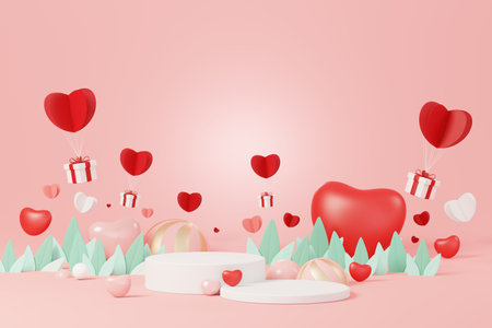 Happy Valentine's Day. Minimal sweet love scene with display podium for mock up and product brand presentation. Pink Pedestal stand. Cute lovely heart background. Love day's design style. 3D render.の写真素材