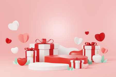 Happy Valentine's Day. Minimal sweet love scene with display podium for mock up and product brand presentation. Pink Pedestal stand. Cute lovely heart background. Love day's design style. 3D render.の写真素材