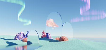 Surreal Beautiful Dream land background. Abstract Dune in winter season landscape with geometric arch. Fantasy island scenery with water and natural cloudy sky. Metallic mirror arch. 3d render.の写真素材