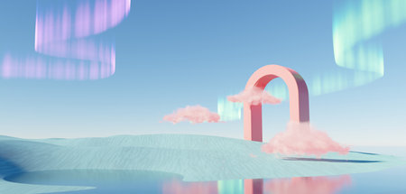Surreal Beautiful Dream land background. Abstract Dune in winter season landscape with geometric arch. Fantasy island scenery with water and natural cloudy sky. Metallic mirror arch. 3d render.の写真素材