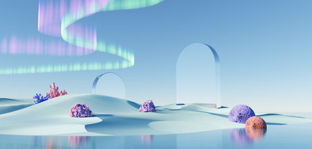 Surreal Beautiful Dream land background. Abstract Dune in winter season landscape with geometric arch. Fantasy island scenery with water and natural cloudy sky. Metallic mirror arch. 3d render.の写真素材
