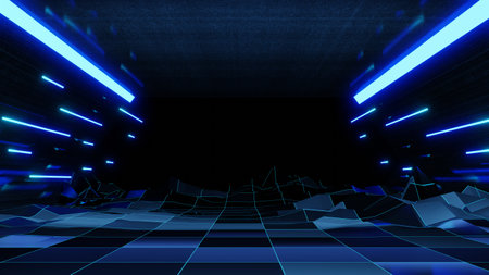 3d technology abstract neon light background, empty space scene, spotlight, dark night, virtual reality, cyber futuristic sci-fi background, street floor studio for mock up. colored geometric.の写真素材