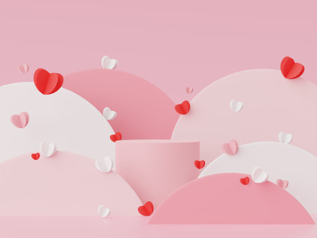 Happy Valentines Day. Minimal sweet love scene with display podium for mock up and product brand presentation. Pink Pedestal stand. Cute lovely heart background. Love day's design style. 3D render.の写真素材