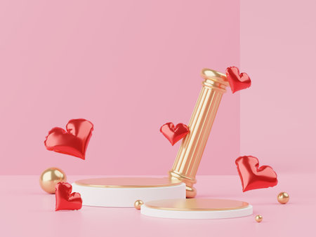Happy Valentines Day. Minimal sweet love scene with display podium for mock up and product brand presentation. Pink Pedestal stand. Cute lovely heart background. Love day's design style. 3D render.の写真素材