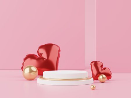 Happy Valentines Day. Minimal sweet love scene with display podium for mock up and product brand presentation. Pink Pedestal stand. Cute lovely heart background. Love day's design style. 3D render.の写真素材
