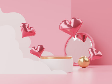 Happy Valentines Day. Minimal sweet love scene with display podium for mock up and product brand presentation. Pink Pedestal stand. Cute lovely heart background. Love day's design style. 3D render.の写真素材