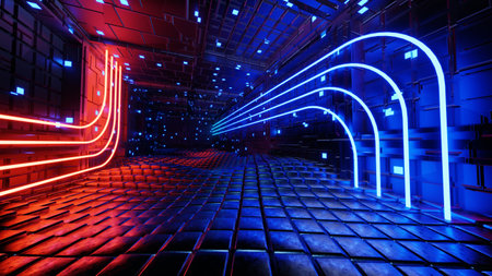 3d technology abstract neon light background, empty space scene, spotlight, dark night, virtual reality, cyber futuristic sci-fi background, street floor studio for mock up. colored geometric.の写真素材