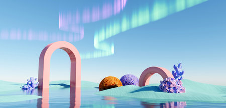 3d render Surreal pastel landscape background with geometric shapes, abstract fantastic desert dune in seasoning landscape with arches, panoramic, futuristic scene with copy space, blue sky and cloudyの写真素材