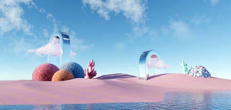 3d render Surreal pastel landscape background with geometric shapes, abstract fantastic desert dune in seasoning landscape with arches, panoramic, futuristic scene with copy space, blue sky and cloudyの写真素材