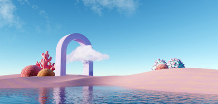 3d render Surreal pastel landscape background with geometric shapes, abstract fantastic desert dune...