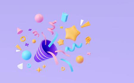 3d render, party festive popper with decorative element, confetti, for celebration, holidays new year, firecracker for special event or birthday, creative design in minimal concept.の写真素材