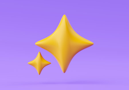 3d render shining star icon on purple background, decorative elements illustration, big sharping star style.の写真素材