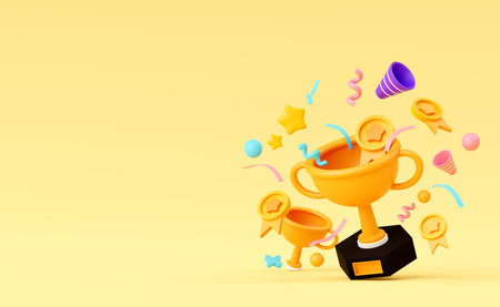 3d render, Golden Trophy champion cup on pastel background, winner cup, business concept, winning prize for celebration in cartoon style, champion reward prize.の写真素材