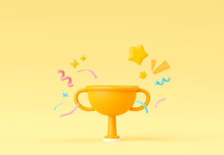 3d render, Golden Trophy champion cup on pastel background, winner cup, business concept, winning prize for celebration in cartoon style, champion reward prize.の写真素材