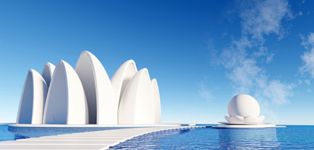 3d render surreal white minimal architecture background with geometric shapes, abstract fantastic design , landmark futuristic panoramic, futuristic scene with copy space, blue sky and cloudy.の写真素材