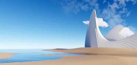 3d render surreal white minimal architecture background with geometric shapes, abstract fantastic design , landmark futuristic panoramic, futuristic scene with copy space, blue sky and cloudy.の写真素材