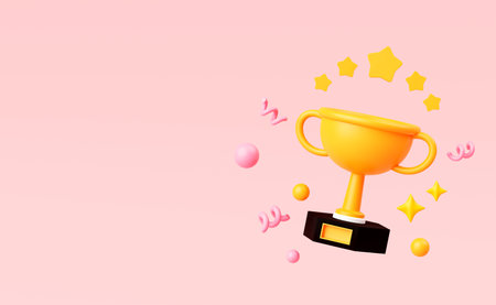 3d render, Golden Trophy champion cup on pastel background, winner cup, business concept, winning prize for celebration in cartoon style, champion reward prize.の写真素材