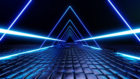 3d technology abstract neon light background, empty space scene, spotlight, dark night, virtual reality, cyber futuristic sci-fi background, street floor studio for mock up. colored geometric.の写真素材