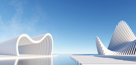 3d render surreal white minimal architecture background with geometric shapes, abstract fantastic design , landmark futuristic panoramic, futuristic scene with copy space, blue sky and cloudy.の写真素材