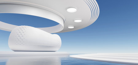 3d render surreal white minimal architecture background with geometric shapes, abstract fantastic design , landmark futuristic panoramic, futuristic scene with copy space, blue sky and cloudy.の写真素材