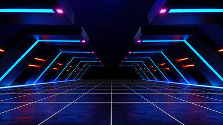 3d technology abstract neon light background, empty space scene, spotlight, dark night, virtual reality, cyber futuristic sci-fi background, street floor studio for mock up. colored geometric.の写真素材