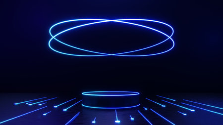 3d technology abstract neon light background, empty space scene, spotlight, dark night, virtual reality, cyber futuristic sci-fi background, street floor studio for mock up. colored geometric.の写真素材