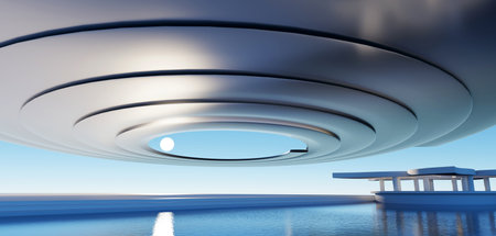 3d render surreal white minimal architecture background with geometric shapes, abstract fantastic design , landmark futuristic panoramic, futuristic scene with copy space, blue sky and cloudy.の写真素材