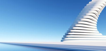 3d render surreal white minimal architecture background with geometric shapes, abstract fantastic design , landmark futuristic panoramic, futuristic scene with copy space, blue sky and cloudy.の写真素材