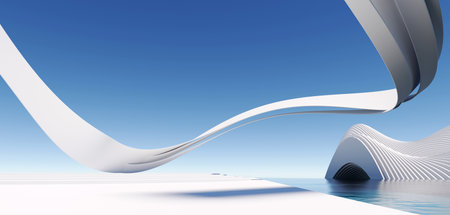 3d render surreal white minimal architecture background with geometric shapes, abstract fantastic design , landmark futuristic panoramic, futuristic scene with copy space, blue sky and cloudy.の写真素材