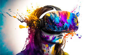 Abstract VR headset glasses portrait with colorful double exposure paint with Generative AI.の素材