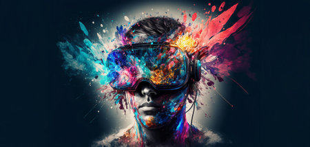 Abstract VR headset glasses portrait with colorful double exposure paint with Generative AI.の素材