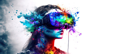 Abstract VR headset glasses portrait with colorful double exposure paint with Generative AI.の素材