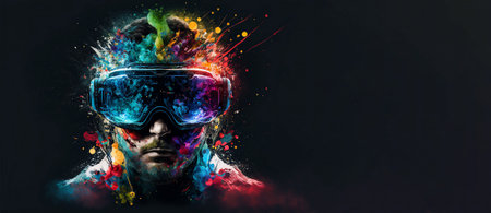 Abstract VR headset glasses portrait with colorful double exposure paint with Generative AI.の素材